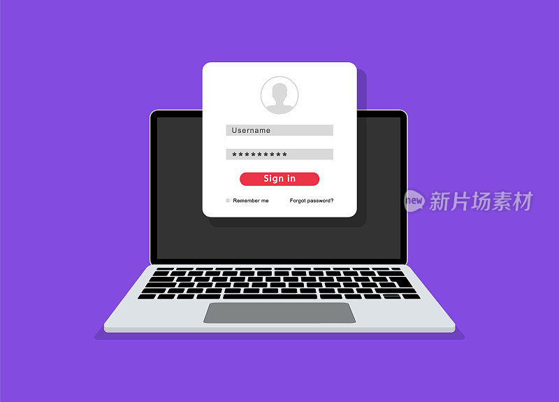 Login form on laptop screen with login and password page. Username and password fields. Online registration. Sign in to account. User authorization. Vector illustration.